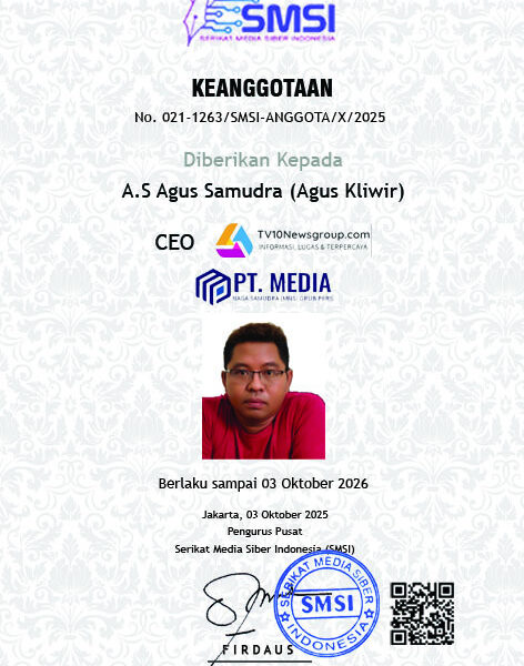 Agus Kliwir Resmi Terima Sertifikat Keanggotaan SMSI, TV10Newsgroup Perkuat Kiprah di Media Siber